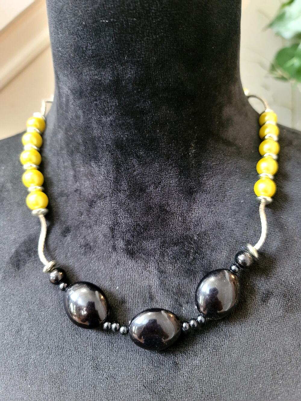 Yellow Black Beaded Silver Tone Statement Necklace Chunky Modern
